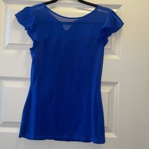 Express Royal Blue Mesh Detail Ruffle Sleeve fitted short sleeve